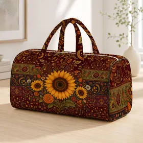 Bohemian Autumn Sunflower Garden With Burgundy Folk Florals For Cozy Travel Getaways Quilted Weekend Bag