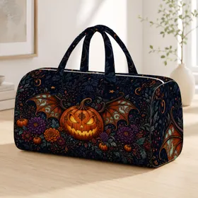 Devil Wing Jack O Lantern With Gothic Florals For Halloween Travel And Fall Getaways Quilted Weekend Bag