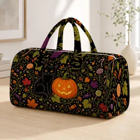 Black Cat Jack O Lantern Halloween Folk Art For Autumn Travel And Spooky Season Vibes Quilted Weekend Bag