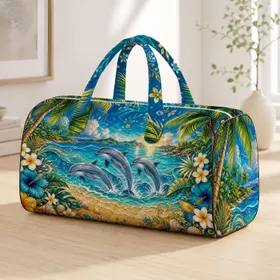 Tropical Dolphin Beach Paradise With Plumeria Palms For Resort Travel And Island Getaways Quilted Weekend Bag