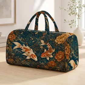 Japanese Koi Carp With Peonies And Teal Waves For Elegant Travel And Resort Style Quilted Weekend Bag