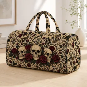 Gothic Ivory Skulls With Crimson Roses For Dark Academia Travel And Overnight Style Quilted Weekend Bag