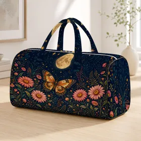 Moonlit Butterfly And Pink Daisies Enchanted Meadow Travel Style For Nature Lovers Quilted Weekend Bag