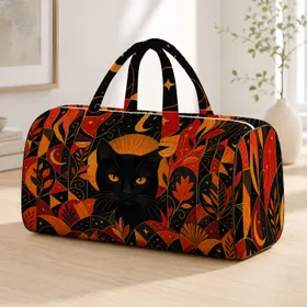 Black Cat Golden Eyes Geometric Autumn Halloween Travel Style For Women Cat Lovers Quilted Weekend Bag