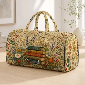 Vintage Books In Wildflower Meadow Cottagecore Botanical Travel Gift For Readers Quilted Weekend Bag