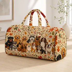 Multi Breed Dogs With Autumn Leaves For Harvest Travel And Dog Lover Gifts For Women Quilted Weekend Bag