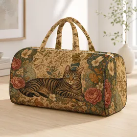 Blue Eyed Tabby Cat With Vintage Florals For Cozy Cottagecore Travel Style Women Quilted Weekend Bag