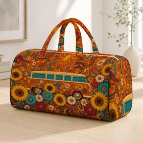 Retro Camper Bus With Sunflowers And Daisies For Road Trip Romance Flower Lovers Quilted Weekend Bag