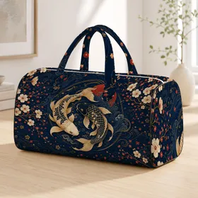 Ornamental Koi And Plum Blossoms With Indigo Waves For Elegant Asian Travel Style Quilted Weekend Bag