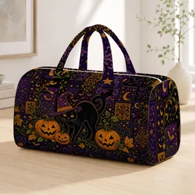 Halloween Black Cat With Pumpkins And Bats For Spooky Fall Travel Lovers Witchy Style Quilted Weekend Bag