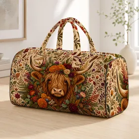 Highland Cow Floral Wreath Rustic Farmhouse Autumn Holiday Country Western Gift For Her Quilted Weekend Bag