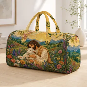 Gentle Shepherd With Lamb In Alpine Meadow For Faith Inspired Getaways And Retreats Quilted Weekend Bag
