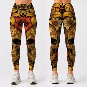 Golden Skull Tropical Florals Gothic Baroque Gym Festival Summer Streetwear Women Leggings