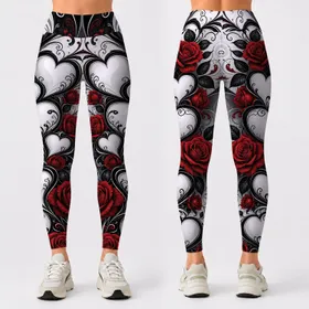 Black White Crimson Hearts Roses Scrollwork For Romantic Yoga And Everyday Style Leggings