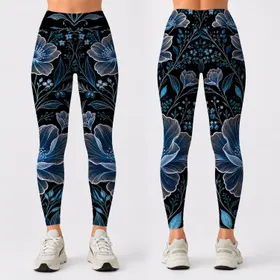 Glowing Cyan Botanical Flowers On Black For Yoga Studio Nights And Women's Streetwear Leggings