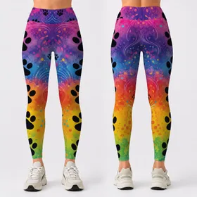 Black Cat Paw Rainbow Watercolor Animal Motif For Colorful Gym Workouts And Pet Lovers Leggings