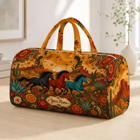 Southwest Wild Horses With Desert Florals For Western Travel And Ranch Style Gifts Quilted Weekend Bag