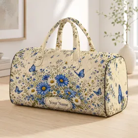 Cobalt Blue Daisy And Butterfly Floral Garden For Travel Getaways And Bridesmaids Quilted Weekend Bag