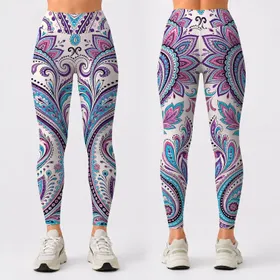 Turquoise Paisley Botanical Boho Festival Yoga Gym Outfit For Plus Size Women All Season Leggings