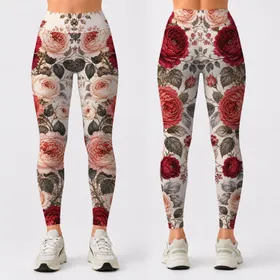 Wine Red Rose Garden Florals On Ivory For Romantic Everyday Boutique Style Women Leggings