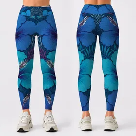 Teal Blue Tropical Hibiscus Florals For Yoga Gym Dance And Beachy Athleisure Style Leggings