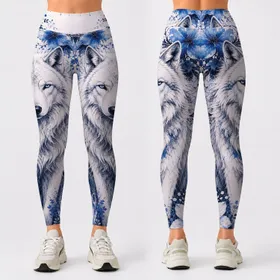 Arctic Wolf With Blue Florals For Yoga, Gym, Hiking, And Wilderness Style Women Fans Leggings