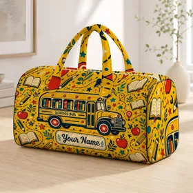 Yellow School Bus With Books And Apples Back To School Travel For Teachers And Kids Quilted Weekend Bag