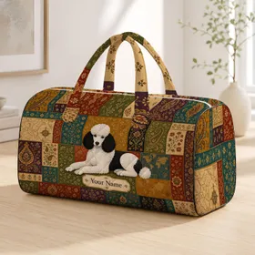 Black And White Poodle Folk Mosaic Travel Style For Dog Lovers And Pet Mom Gift For Her Quilted Weekend Bag