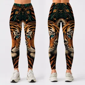 Symmetrical Tiger Face With Emerald Jungle Leaves For Bold Athletic Streetwear Style Leggings