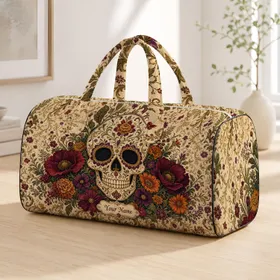 Ivory Sugar Skull With Burgundy Wildflowers For Autumn Travel And Día De Muertos Style Quilted Weekend Bag