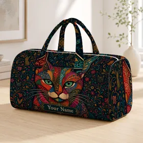 Jewel Tone Mosaic Cat Face With Teal Florals For Travel Days And Colorful Style Lovers Quilted Weekend Bag