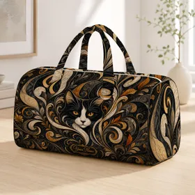 Abstract Black White Cat With Amber Eyes Art Nouveau Travel Accessory For Cat Lovers Quilted Weekend Bag
