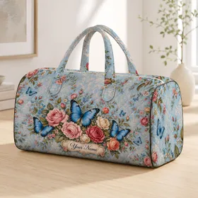 Vintage Blue Butterfly Roses Botanical Floral Travel Accessory For Her Getaways Gift Quilted Weekend Bag