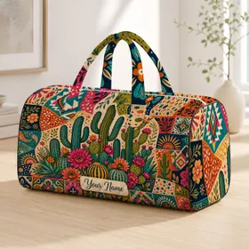 Colorful Cactus Patchwork Desert Floral Southwest Travel Accessory Women's Summer Trips Quilted Weekend Bag