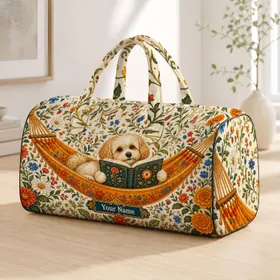 Cute Fluffy Dog Reading In Orange Hammock With Garden Flowers For Travel Beach Work Women Quilted Weekend Bag