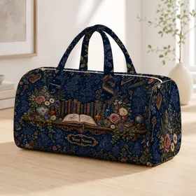 Vintage Book And Flower Display Shelf Navy Literary Garden Cottagecore Reader Gift Quilted Weekend Bag
