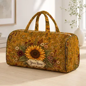 Vintage Boho Sunflower Meadow With Name Plaque For Autumn Travel And Daily Style Quilted Weekend Bag