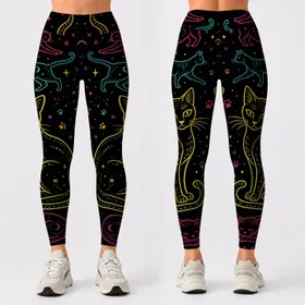 Neon Cat Sketch Line Art For Festival Nights, Alt Style Yoga Lounge Outfit Aesthetic Leggings