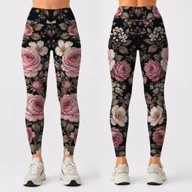 Dark Vintage Rose Florals With Blush Garden Blooms For Casual Everyday Feminine Style Leggings
