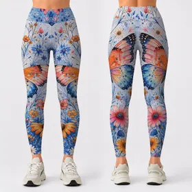 Denim Blue Butterfly Wildflowers For Summer Yoga, Festivals, Beach Days And Travel Leggings