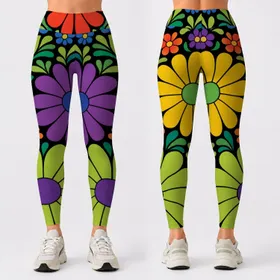 Retro Neon Daisy Blossoms On Matte Black For Festival Streetwear And Yoga Style Leggings