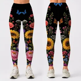 Black Wildflower Bouquet With Butterflies For Feminine Vacation Beach Outings Women Leggings