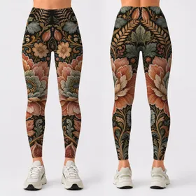 Vintage Botanical Bouquet With Boho Garden Florals For Resort Travel And Yoga Lovers Leggings