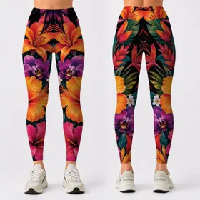 Dramatic Tropical Floral Bouquet On Black For Vacation Yoga And Resort Fitness Style Leggings