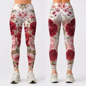 Romantic Burgundy Peony Rose Floral On Ivory For Vacation Party Style Plus Size Women Leggings