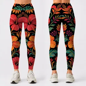 Retro Tropical Hibiscus Vines On Black For Boho Yoga Lounge Festival Style Women Leggings
