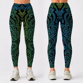 Neon Mandala Paisley Column In Cyan Lime For Yoga Festival Boho Streetwear Women Leggings
