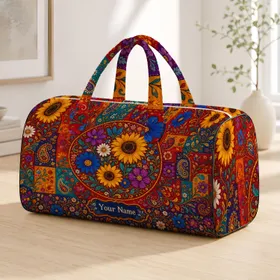 Tomato Red Boho Floral Medallion With Sunflowers For Vacation And Garden Getaways Quilted Weekend Bag