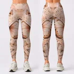 Champagne Peach Butterfly Botanical Watercolor Motif For Soft Lounge Style Women Leggings