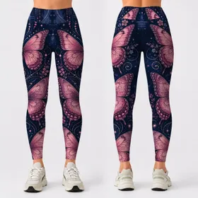Dark Indigo Denim Look With Pink Butterflies For Casual Festival Boutique Style Women Leggings